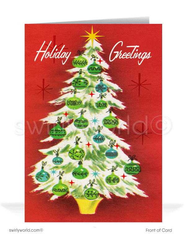 1950s Mid-Century Style Vintage Christmas Tree Starbursts Retro Merry Christmas Holiday Cards.