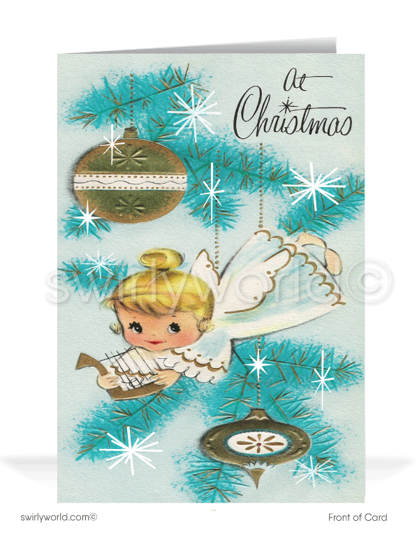 Vintage 1950s Religious Christian Angel Kitsch Ornament Retro Merry Christmas Cards. 