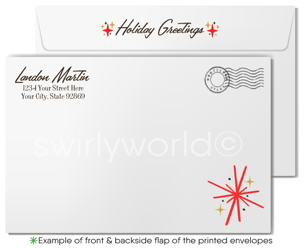Vintage Atomic Mod Christmas Card with Retro Candles, Starbursts, and Mid-Century Typography