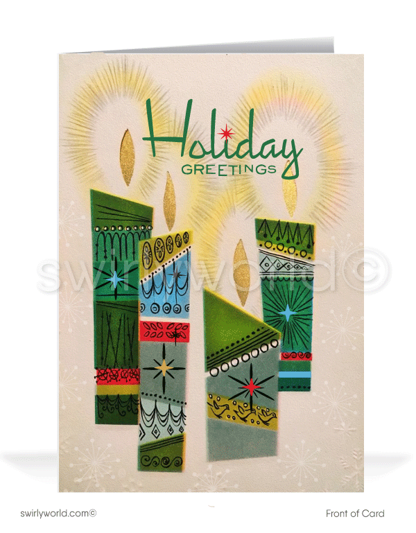 1950's retro atomic mod mid-century modern vintage candles Christmas holiday greeting cards.