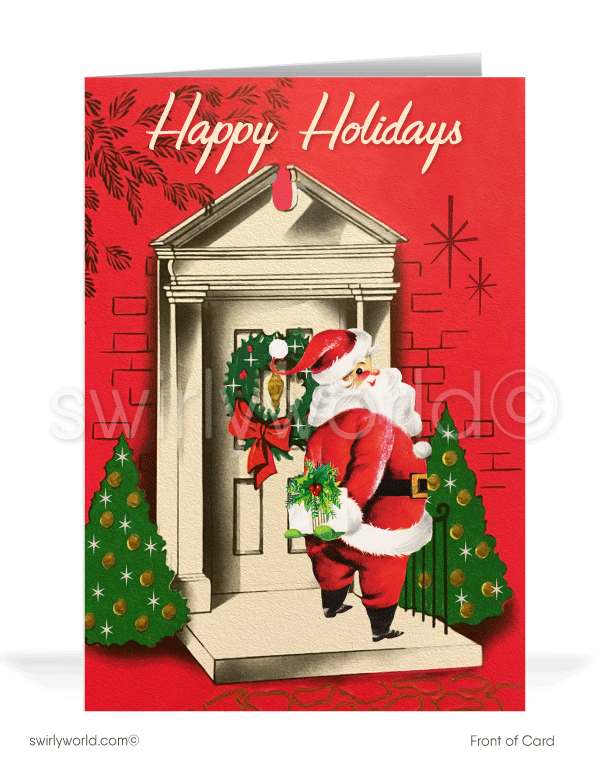 1950's mid-century modern retro vintage Santa Claus Merry Christmas holiday cards. 1950s mid-century modern retro vintage kitsch Santa Claus Merry Christmas holiday cards.