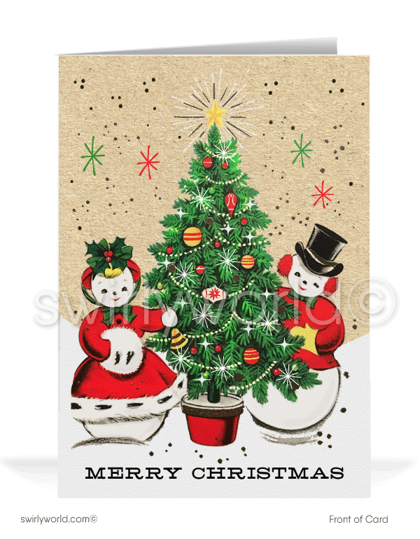 1950s mid-century modern vintage kitsch snowman couple retro printed Merry Christmas holiday cards.