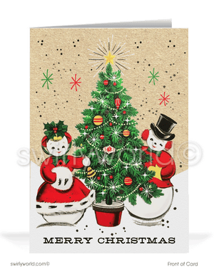 1950s mid-century modern vintage kitsch snowman couple retro printed Merry Christmas holiday cards.