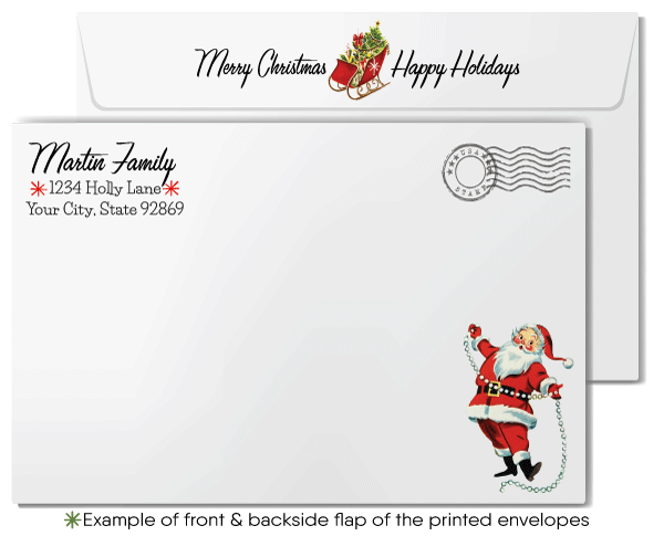 Vintage 1950s Christmas Card with Santa Claus and Kitschy Black Poodle in Mid-Century Holiday Scene