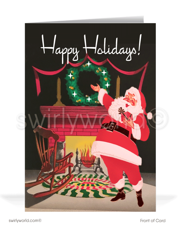 Old-fashioned kitsch style vintage retro Santa Claus by the Fireplace Merry Christmas greeting cards.