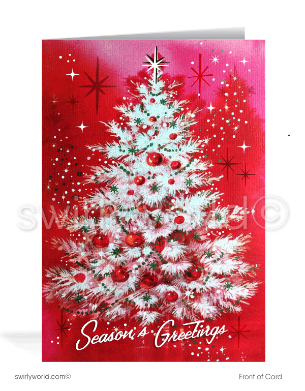 1960s Vintage Retro Mid-Century Mod White and Pink Christmas Tree Holiday Cards
