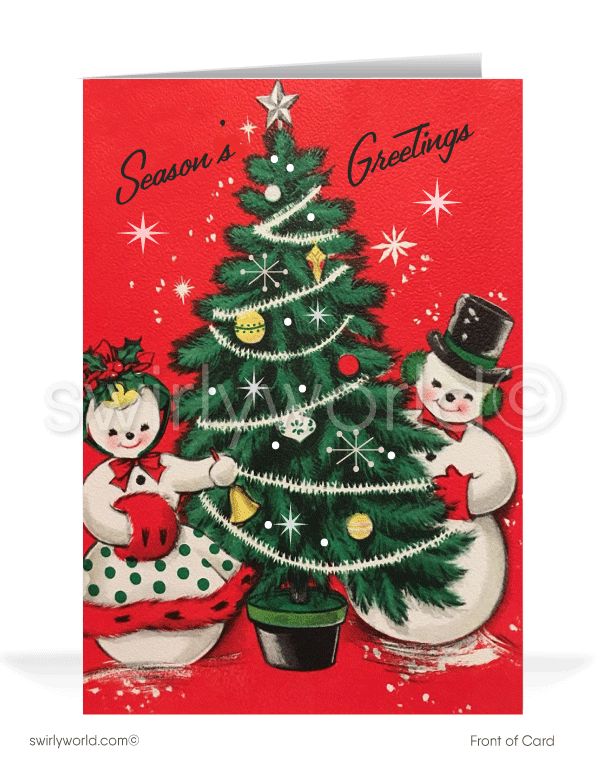 1950's retro mid-century modern vintage Snowman Couple Merry Christmas holiday cards.
