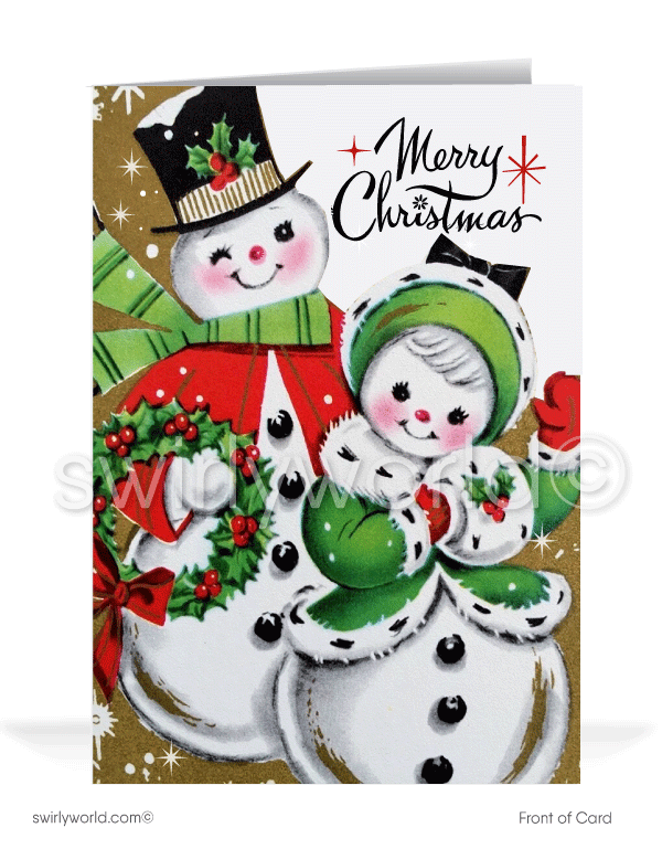 1950's style vintage Snowman couple retro mid-century modern Merry Christmas cards.