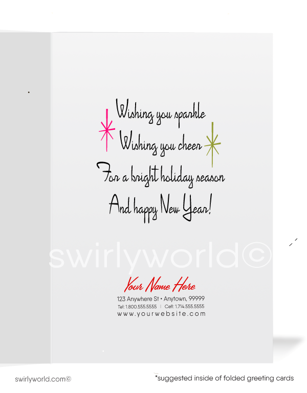 1960s cute kitsch dog pink and green retro mid-century mod vintage holiday Merry Christmas cards.