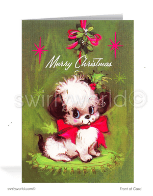 1960s cute kitsch dog pink and green retro mid-century mod vintage holiday Merry Christmas cards.