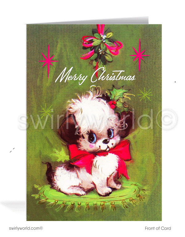 1960s cute kitsch dog pink and green retro mid-century mod vintage holiday Merry Christmas cards.