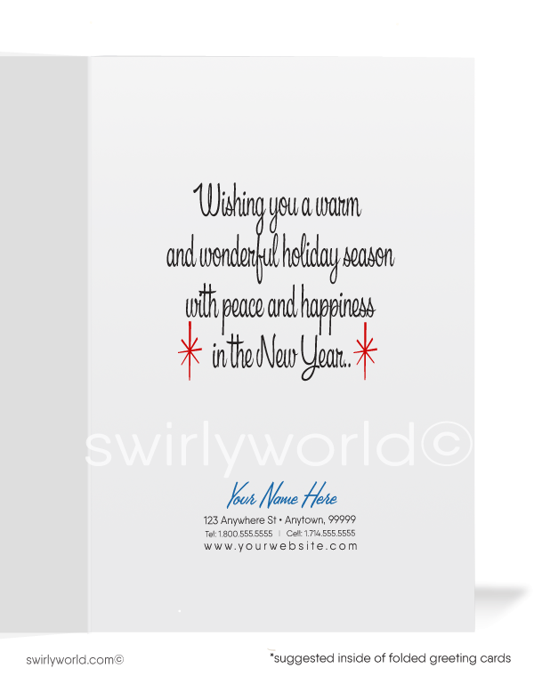 Step into nostalgia with Swirly World's vintage Christmas cards! Featuring a 1940s-1950s retro tree adorned with hand-blown glass ornaments and atomic starbursts, these cards capture timeless holiday charm. Customize your flatcards or folded styles with personalized wording and optional imprinted envelopes for a unique touch.