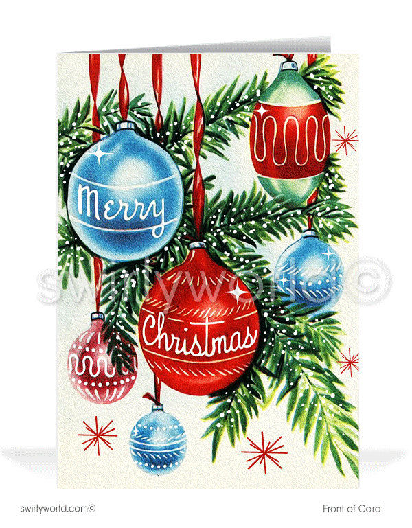 Step into nostalgia with Swirly World's vintage Christmas cards! Featuring a 1940s-1950s retro tree adorned with hand-blown glass ornaments and atomic starbursts, these cards capture timeless holiday charm. Customize your flatcards or folded styles with personalized wording and optional imprinted envelopes for a unique touch.