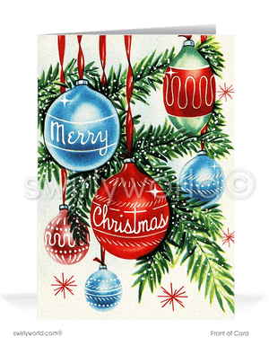 Step into nostalgia with Swirly World's vintage Christmas cards! Featuring a 1940s-1950s retro tree adorned with hand-blown glass ornaments and atomic starbursts, these cards capture timeless holiday charm. Customize your flatcards or folded styles with personalized wording and optional imprinted envelopes for a unique touch.