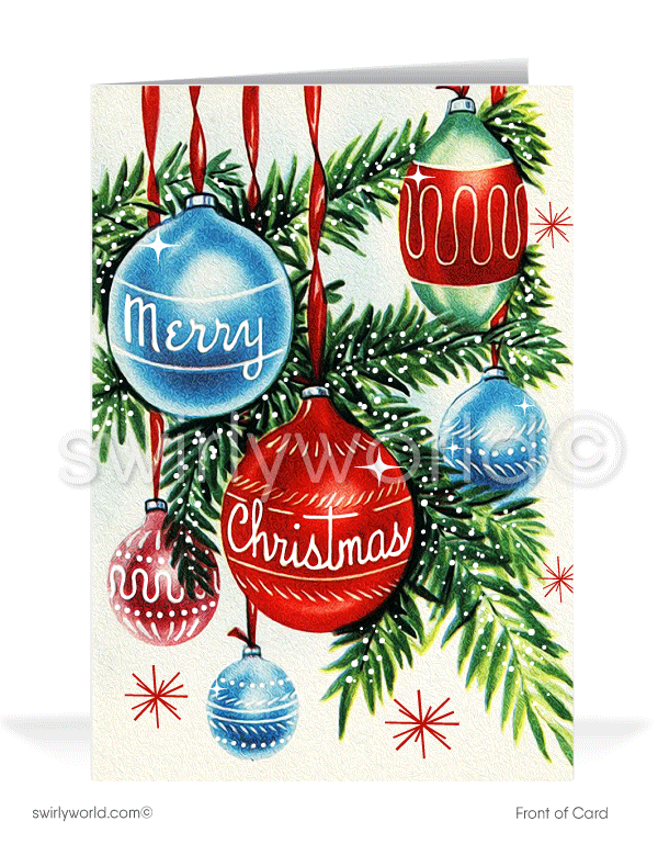 1940s vintage blown glass ornaments retro Christmas tree mid-century modern printed holiday cards.