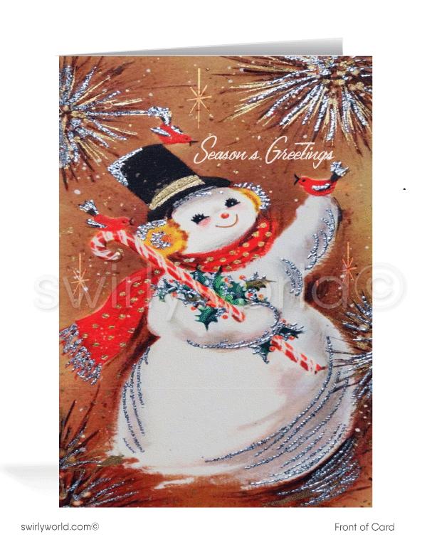 1960s mid-century vintage Christmas cards with cute kitsch snowman and red bird holiday cards.