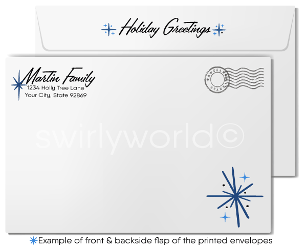 Vintage Christmas Card with Silver Bells and Blue Accents in 1960s Atomic Mid-Century Modern Style