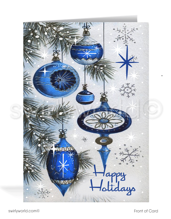 1960s Vintage Atomic Blue Blown Ornament Mid-Century Modern Christmas Holiday Cards