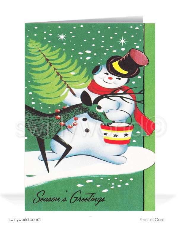 1960's retro mod mid-century modern vintage snowman and reindeer Merry Christmas holiday cards.