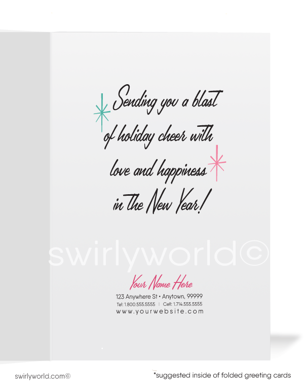 vintage mid-century modern 1940s-1950s atomic mod snowman with white Christmas tree with powder pink and blue ornaments and starbursts