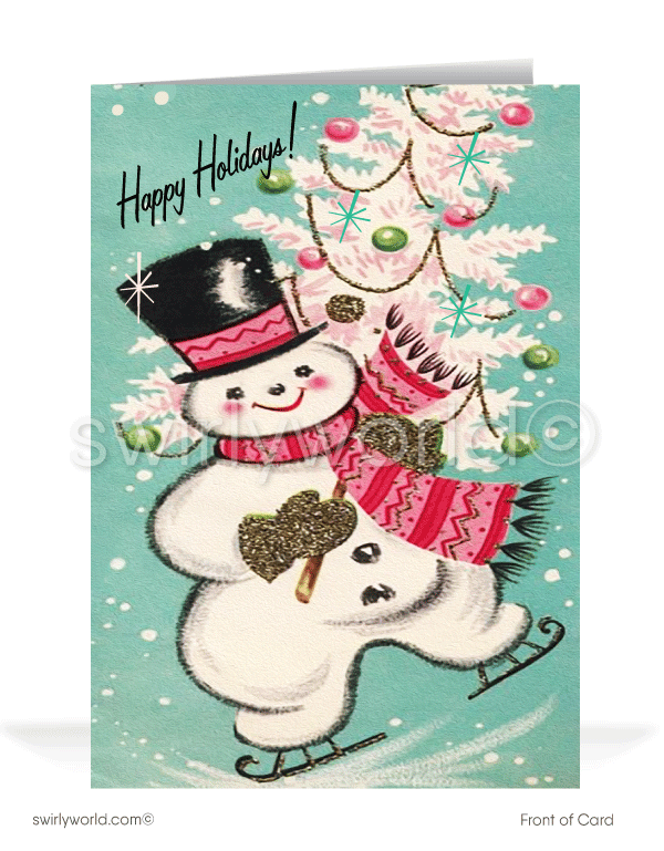  1950's style vintage mid-century retro Snowman Merry Christmas holiday cards.