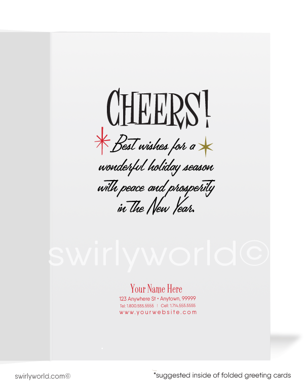 1950s Mid-Century Modern Vintage Old-Fashioned Merry Christmas Holiday Greeting Cards. Old fashioned holiday cocktail whiskey glass Christmas