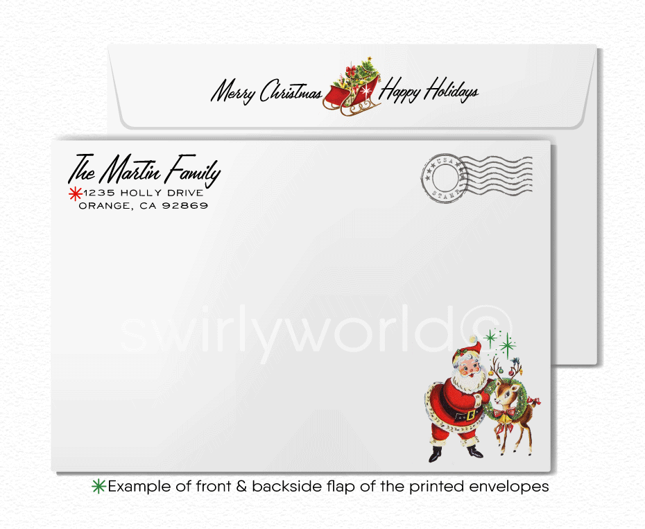 1950s Mid-Century Modern Vintage Old-Fashioned Merry Christmas Holiday Cards