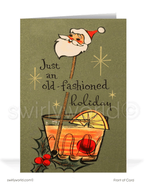 1950s Mid-Century Modern Vintage Old-Fashioned Merry Christmas Holiday Greeting Cards. Old fashioned holiday cocktail whiskey glass Christmas