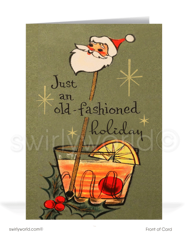 1950s Mid-Century Modern Vintage Old-Fashioned Merry Christmas Holiday Greeting Cards. Old fashioned holiday cocktail whiskey glass Christmas