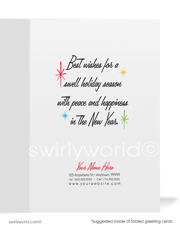 Holiday card with a three-tiered cake of colorful ornaments on a red background with 'Happy Holidays' text.