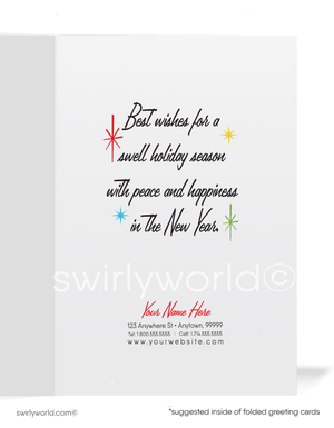 Vintage Mid-Century Christmas Card - 1950s-1960s Holiday Dessert Platter with Retro Starbursts & Red Backdrop