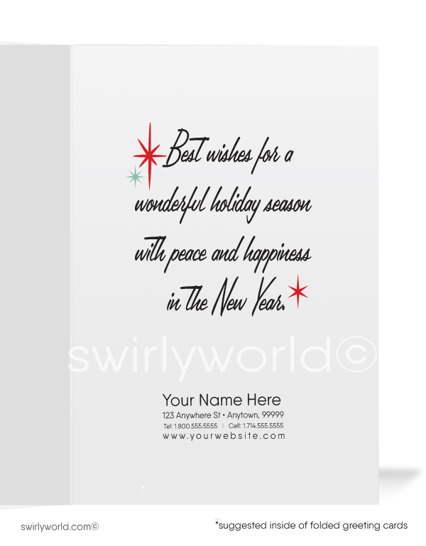 Celebrate the holidays with a retro 1950s-style Christmas card featuring a red gift box, silver bow, and atomic starbursts. Perfect for mid-century modern fans!