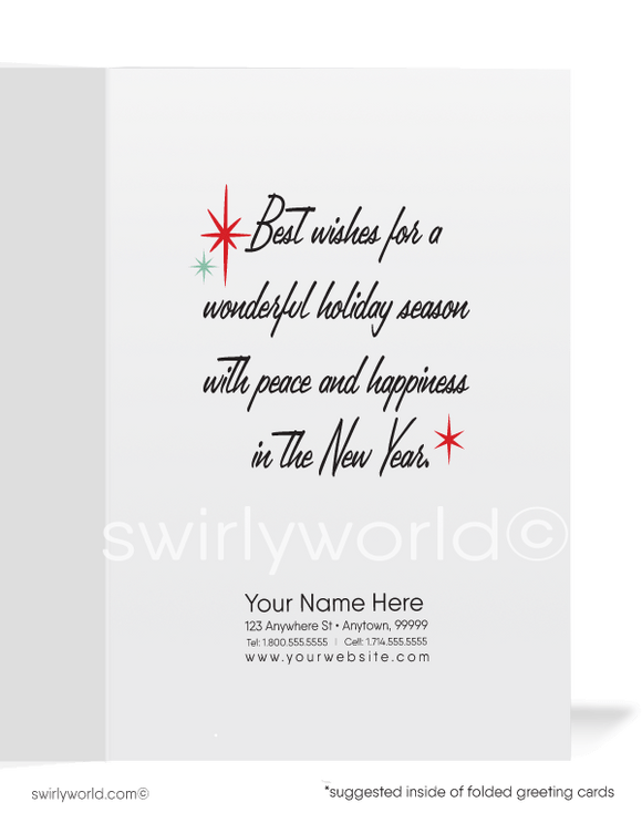 Celebrate the holidays with a retro 1950s-style Christmas card featuring a red gift box, silver bow, and atomic starbursts. Perfect for mid-century modern fans!