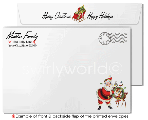 1950s Mid-Century Retro Christmas Card – Red Gift Box with Silver Bow & Atomic Starbursts
