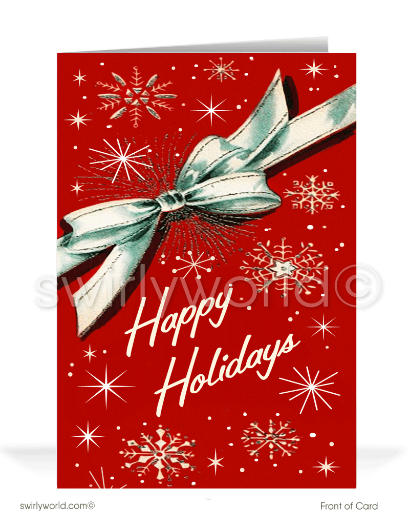 Celebrate the holidays with a retro 1950s-style Christmas card featuring a red gift box, silver bow, and atomic starbursts. Perfect for mid-century modern fans!