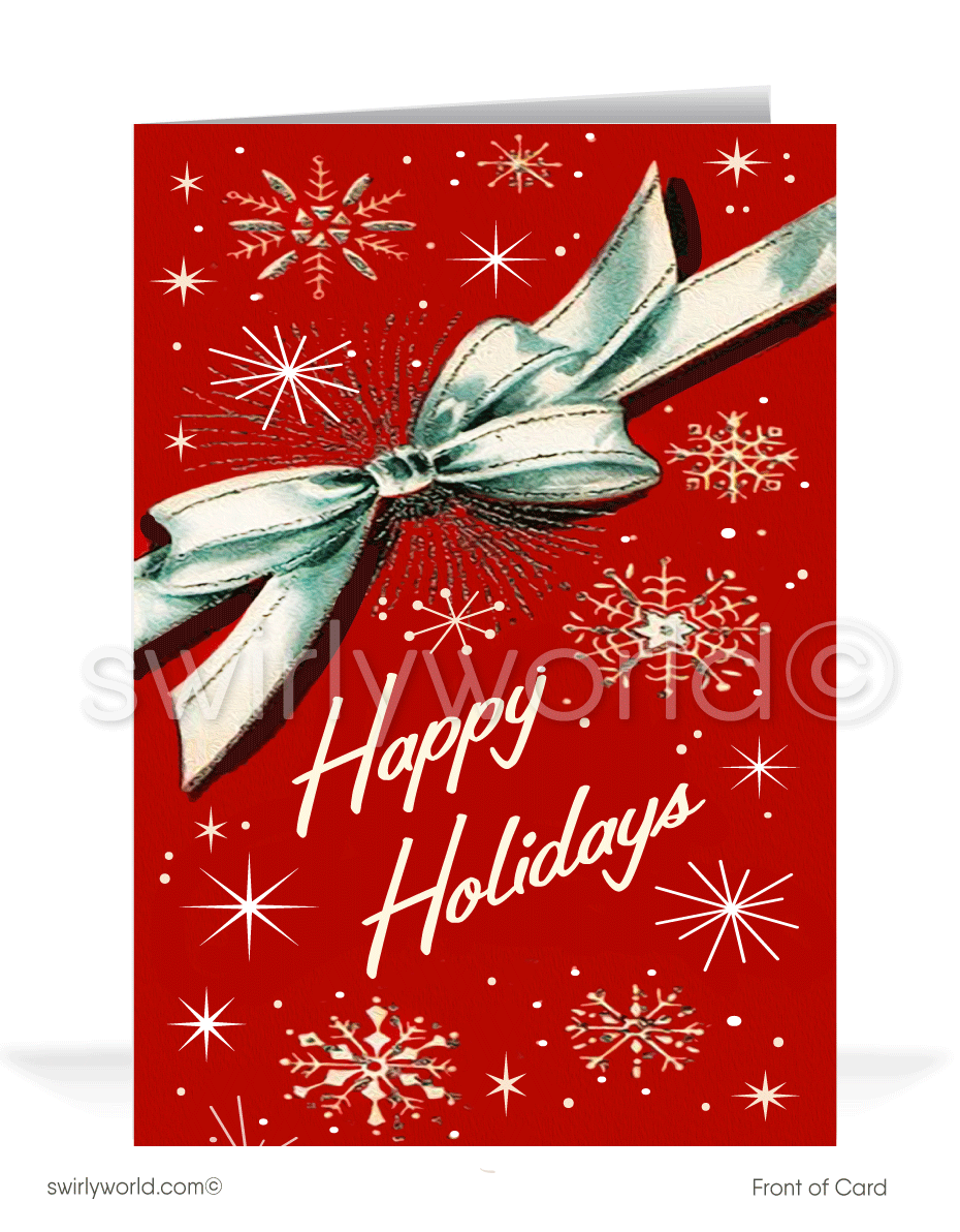 Celebrate the holidays with a retro 1950s-style Christmas card featuring a red gift box, silver bow, and atomic starbursts. Perfect for mid-century modern fans!