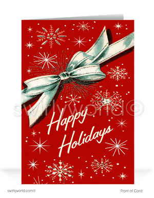 Celebrate the holidays with a retro 1950s-style Christmas card featuring a red gift box, silver bow, and atomic starbursts. Perfect for mid-century modern fans!