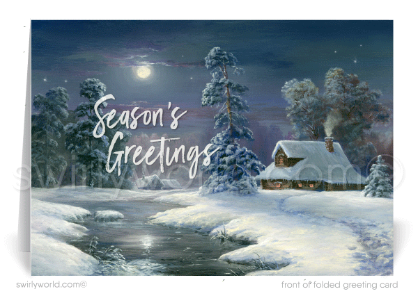 Rustic Watercolor Snow Scene Log Cabins Vintage Holiday Greeting Cards