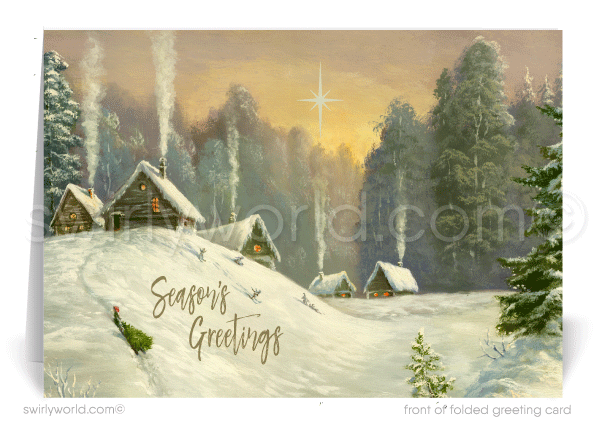 Vintage Rustic Watercolor Log Cabin Snow Winter Scene Holiday Cards.
