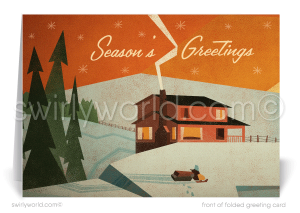 Celebrate the holidays with a vintage card featuring a 1960s mid-century modern cabin in the woods. Customizable retro design on premium matte stock!