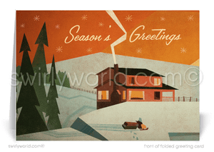 Celebrate the holidays with a vintage card featuring a 1960s mid-century modern cabin in the woods. Customizable retro design on premium matte stock!