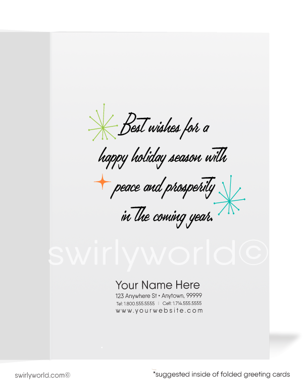 Retro atomic mod blue green mid-century modern style Christmas Tree holiday greeting cards.