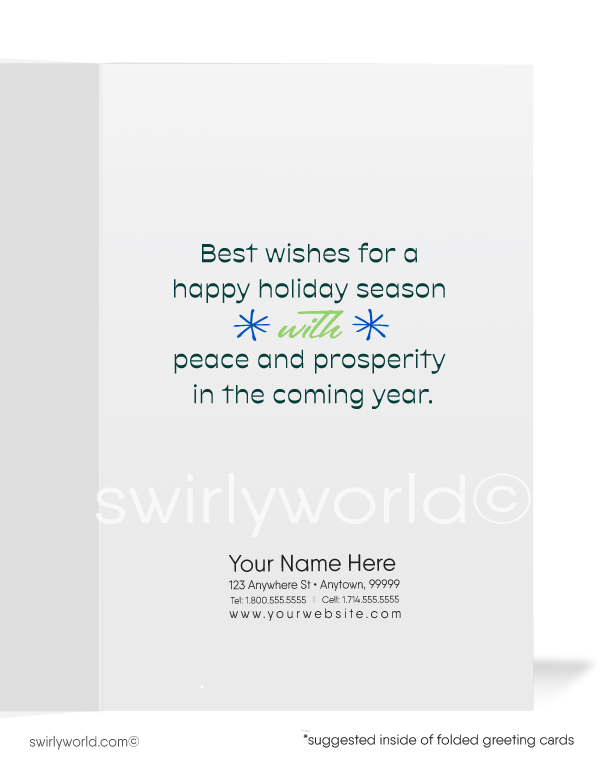 Vintage 1960s retro mid-century modern house with abstract geometric Christmas trees and cabin holiday cards.