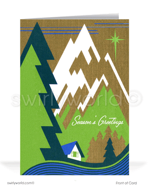 Vintage 1960s retro mid-century modern house with abstract geometric Christmas trees and cabin holiday cards.