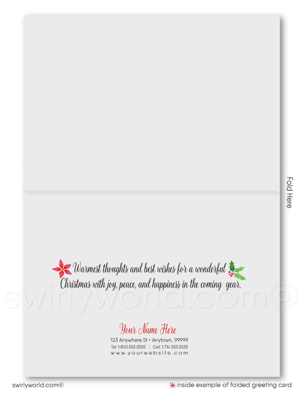 Traditional Holly Poinsettia Merry Christmas Holiday Greeting Cards for Business