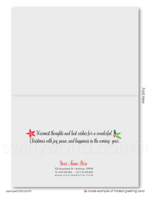 Traditional Holly Poinsettia Merry Christmas Holiday Greeting Cards for Business