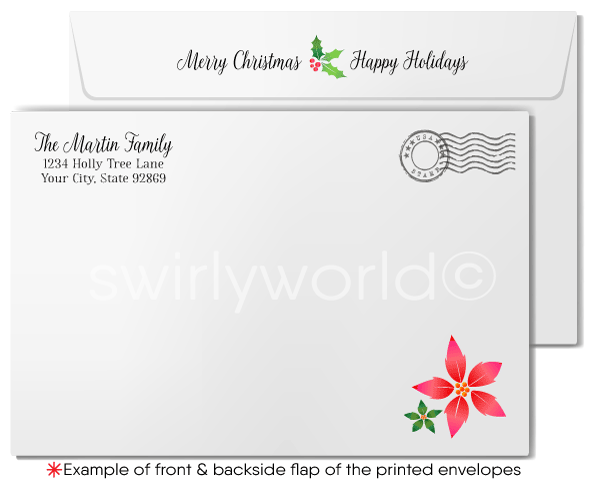 Traditional Holly Poinsettia Merry Christmas Holiday Greeting Cards for Business