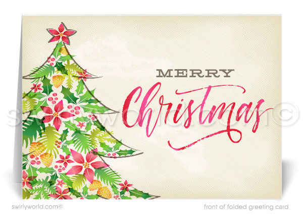 Traditional Holly Poinsettia Merry Christmas Holiday Greeting Cards for Business