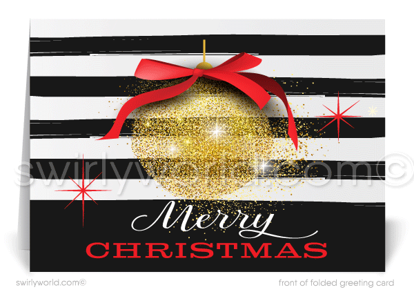 Traditional Glamour Red and Gold Merry Christmas Corporate Holiday Greeting Cards