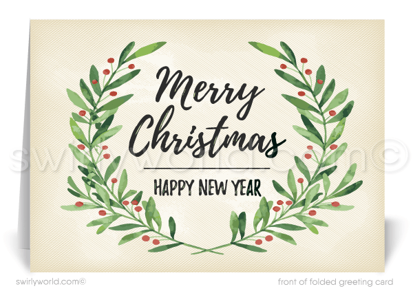 Traditional Watercolor Wreath Merry Christmas Holiday Cards for Customers